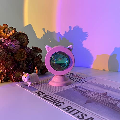 Beufee Sunset Lamp, Mini Sunset Lamp Projector Room Decor Night Light Multicolor Changing LED Lights Mood Lighting Romantic Sunset Projector (Pink Cat Ears Plug-in Model-Rainbow Blue)