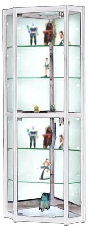 YFWOKSL Vitrine, gewölbter Kuriositätenschrank in Antikweiß und Schwarz, Eckvitrine aus Glas mit Beleuchtung, Dekor, transparenter Trophäenschrank mit Figuren, verstellbare Regale, 6 Ebenen (weiß, 1