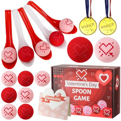 57 PCS Valentines Day Game Set with Gift Card - Valentine Gift Toys Exchange for Boys Girls Ages 3+, Valentine Heart Ball and Spoon Race Game, Classroom School Party Favor Supplies Decorations