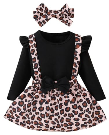 HEOXIN Bimba Bambine Stampa Leopardata Completini, Romper + Bretelle Vestito + Fasce per Capelli 3PCS Set, Vestito Elegante con Fiocco, Top con Volant Maniche per Bambine da 9 Mesi a 12 Mesi, Nero