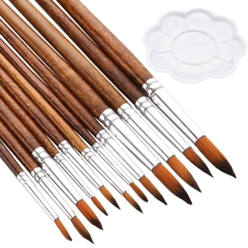 CHROMACRAFT 12 Pennelli in Legno E 1 Tavolozza Bianca, Strumenti per Dipingere, Materiale Artistico, Adatti per Pittura Acrilica, Olio E Tempera