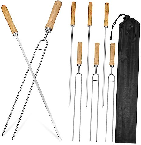 YARNOW 8 Brochetas De Acero Inoxidable Para Barbacoa Mango De Madera Tenedor De Barbacoa Bolsa Con Cordón