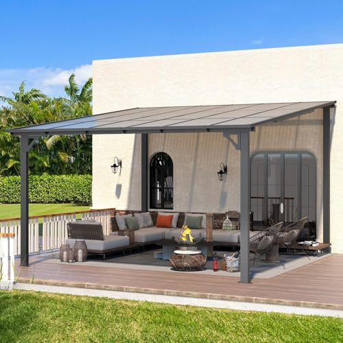 UNIONLINE 3.65x3.65m Aluminium Gazebo Outdoor,Wall-Mounted Lean to Metal Awnings Gazebos Pergola,Hardtop Roof Heavy Duty Metal Pergola for Garden