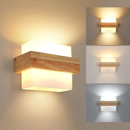 DELIPOP Aplique de Pared de Madera Vintage, 12W Moderna Lámpara de Pared E27 con Pantalla de Vidrio, 3 Temperatura de Color Iluminación Interior para Sala de Estar, Dormitorio, Escalera, Pasillo