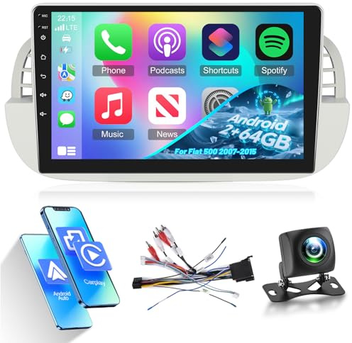 Car Stereo for 2007-2015 Fiat 500 Radio with Wireless Carplay/Android Auto | [2G+64G] Android 9 inch HD Touch Screen Car Radio with GPS/WiFi/Bluetooth/EQ/FM RDS