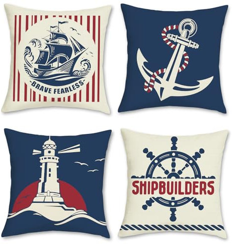 COZZSNUGE Summer Nautical Cushion Covers Boat Anchor Helm Lighthouse Red Navy Blue Decorative Pillowcases for Sofa Bed Home Outdoor 45 x 45 cm Set of 4