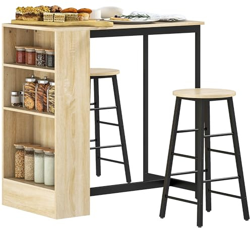 HOMCOM Ensemble Table de Bar avec tabourets, Table à Manger Debout avec 2 chaises de Bar avec Compartiments Ouverts, étagère réglable et Repose-Pieds, pour pour Salle à Manger, Cuisine, chêne et Noir