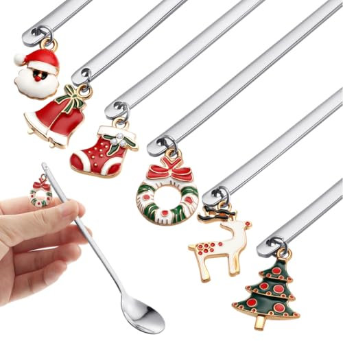 yeeplant Cucchiai natalizi in acciaio inox, set da 6, manico lungo per dessert e miscelazione