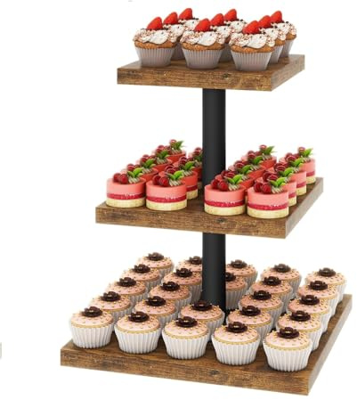 Sonhomay 3 Tier Cupcake Stand Wood Serving Tray Square Cupcake Tower | Cake Dessert Display Stand Tree Tower for Wedding Party Home Birthday Baby Shower Afternoon Tea Bar Decor