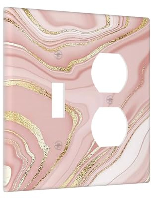 Cute Rose Pink Gold Marble 2 Gang 1 Toggle/Duplex Combo Outlet Light Switch Cover Wall Plate Electrical Faceplate Decorative Dual Device Switchplate