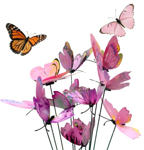 10 Pink Butterfly Garden Stakes, Fairy Garden Decorations for Plant Pots | garden stakes: Decorative Butterfly Plant Pot Ornaments for Outdoor Garden, Flower Pots, Patio, Lawn and Fairy Garden.