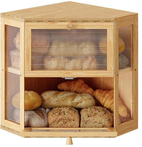 WOWLIVE Corner Bread Box for Kitchen Countertop, Double Layer Bamboo Bread Storage Container, Large Farmhouse Bread box with Acrylic Wavy Door Panel, Under Cabinet Organizer (Natural, Medium) | Bamboo Bread Storage Container, Large Farmhouse Breadbox with Acrylic Wavy Door, Under Cabinet Organizer, Natural, Medium