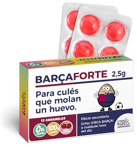 Caramelos de broma BARÇAFORTE | Caja con 12 caramelos sin azúcar sabor cereza | Regalo original para culés de corazón | Ideal para gritar ¡Visca Barça! en cada bocado
