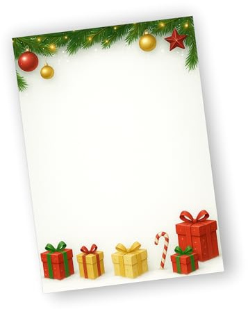 Weihnachtliches Briefpapier DIN A4 – 90 g/m² | Festliches Design mit Tannenzweigen, Kugeln & Geschenken | Für Weihnachtsgrüße, Einladungen, Karten, Gutscheine & Geschäftspost