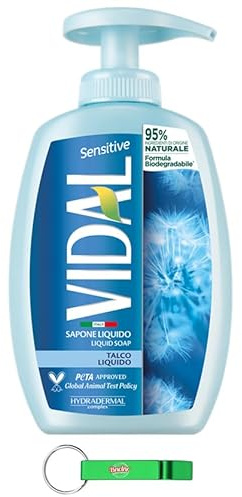 Vidal Lot de 24 savons liquides avec talc/sapone liquide 300 ml + porte-clés Beni Culinari