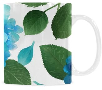 qenuh Blue Hydrangea Botanical Art Ceramic Mugs Coffee Cup Smooth Glaze Finish 11 oz Classic Tea Cup for Hot Drinks, Office/Home Use