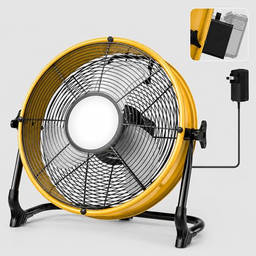T-SUN Ventilatore da pavimento ricaricabile da 30,5 cm, compatibile con ventilatore a batteria Dewalt da 18 V/20 V con luce a LED, porta USB di tipo C, velocità continue, ventilatore industriale senza