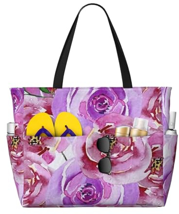 Hnnkloy Rosas peonía acuarela lila violeta y púrpura,Bolso de playa de gran capacidad, bolso de hombro de viaje para mujer, bolso de mano impermeable.