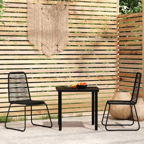 Hoopleep 3-TLG. Garten-Essgruppe Schwarz, Outdoor Esszimmer Set mit Glastisch und 2 PE-Rattan Stühlen, Robustes Terrassen Möbel für 2 Personen