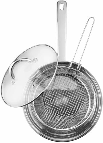 Stainless Steel Chip Pan Fryer with Basket and Helper Handle 38cm, Deep Induction Fryer Pan,Silver, Deep Frying Chip Pan with Basket and Lid Chip