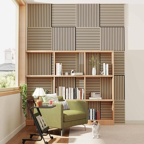 Acezanble Set of 4 Decorative Acoustic Wall Panels MDF Wood with Felt Backing – Decorative Sound Absorbing Wall Cladding Home Interiors & Studios 60x60cm Light Oak