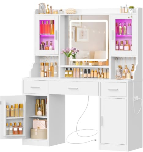 TEENFON Tocador de Maquillaje con Espejo LED y Luz RGB, Luminosidad Ajustable, 3 Cajones, 4 Puertas, 5 Ganchos para Joyas y Toma de Corriente, Moderno, Dormitorio, Blanco