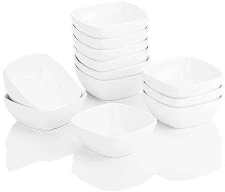 MALACASA 12pcs Vajillas de Porcelana (10 x 10 x 3,5 cm, 170ml) Super Mini Tazón de Postre Aperitivo Tazón de Postre Marfil Blanco, Serie Ramekin.Dish