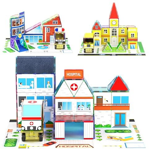 PicassoTiles 3-in-1 Theme Set School Hospital Police Station Magnet Self Adhesive Backing Stick-On Sheet Combo w/Car Magnet Building Block Playset STEM Learning Construction Brain Development Kit