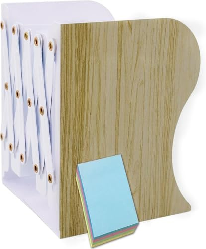 Qualsen Buchstütze, Verstellbar Buchstützen Kinder Metall Bücherhalter, rutschfeste Bücherstützen Bücherständer Bookends für Schreibtisch, Bücherregal, Büro, (Holzimitat) | 50 cm Ausziehbare Buchstützen mit Stifthalter, für Zuhause, Büro, Bibliothek, Rutschfeste Verstellbare Bücherhalter