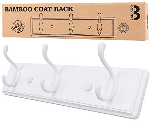 Badiano Wooden Coat Rack, Wall-Mounted Organizer for Closet, Entryway, Hallway, Foyer, Bedroom, Heavy Duty Double Hooks for Hanging Towels, Bags, Hats, Jackets, Key (White, 3 Hooks)
