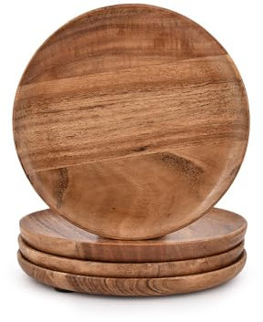 Samhita Juego de 4 platos redondos de madera de acacia, 17,78 cm, fáciles de limpiar y ligeras para platos, aperitivos, postres, platos clásicos - Regalo de Navidad
