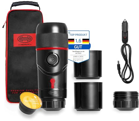 HEYNER® Espressomaschine 12 V Black Edition mit Tasche und Ersatztasse | Mobile Reisekaffeemaschine für Kapseln und Pulver, Zwei Becher, Brühvorgang 5-8 min bei 8-16 bar Druck