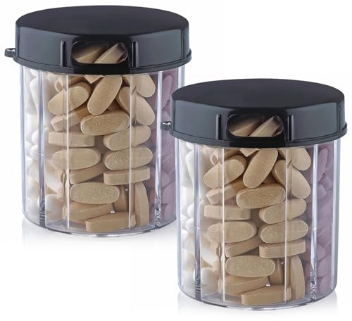 2 Stück Pillendose rund mit 4 Fächern für Medikamente, Vitamine und Nahrungsergänzungsmittel, Schwarz und Transparent, 2 Stück Runde Pillendose mit 4 Fächern für Medikamente, Vitamine u