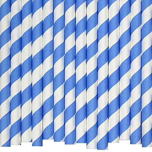 Blue & White Striped Paper Straws (10mm x 200mm) - Pack Size 200 - FSC Certified/Food Safe/PFAS Free/Biodegradable/Eco-Friendly/Durable/Ideal for Milkshakes & Smoothies