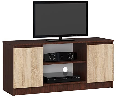 AKORD | Mobile per TV in Legno K 120 | Mobiletto Porta Televisione Soggiorno | un ripiano aperto | 2 Ripiani con Ante a Sinistra e a Destra | 55 x 120 x 40 cm | Peso 30kg | Wenge/Rovere Sonoma
