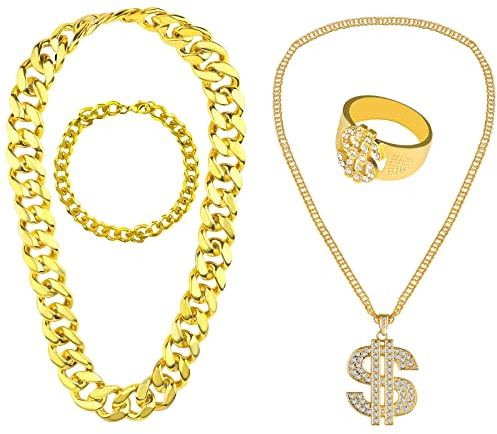 KINBOM 4pcs Hip Hop Costume Kit, Dollar Sign Necklace and Ring Rapper Gold Chain and Bracelet 80s 90s Rapper Accessories for Men Women