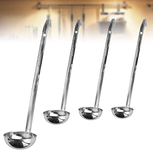 TANCUDER 4 Stück Edelstahl Suppenkelle Set 1/2/3/4 oz Schöpflöffel Lang Griff Soßenlöffel Metall Schöpfkelle Saucenlöffel Gießlöffel Küchenlöffel mit Haken und langem Griff zum Kochen (Silber)