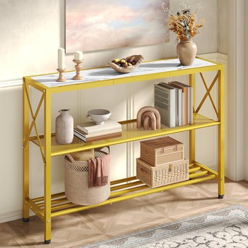 Hoctieon Gold Console Table, 3 Tier Entryway Table with Shelves, Narrow Sofa Table for Hallway, Living Room, Foyer, Office, Gold and White