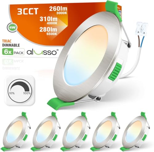 ALUSSO LED Downlight Recessed Ceiling Light 4W Dimmable 3CCT Nickel 6 Pack | Ultra Slim 68mm Cutout Spotlights,Warm White (3000K) Neutral White (4000K) Cool White (6500K) Adjustable IP44 Beam Angle 120°