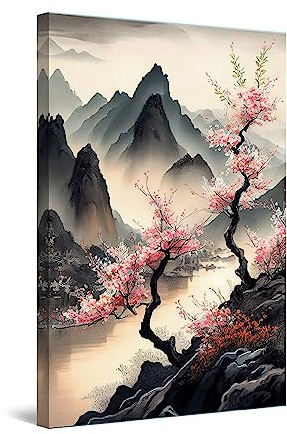 Startonight Impression Sur Toile Arbres Montagne Rose Japon, Tableau Paysage - Decoration Murale Salon Moderne - Image sur Toile - Grande 80 x 120 cm Idée Cadeau Élégante et Originale