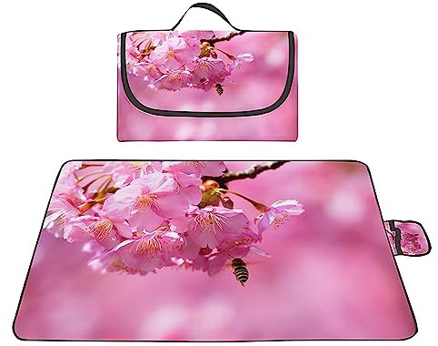 Yoonqun Picknickdecke 200x200cm,Wasserdicht Strandunterlage,Rosa Blumen Stranddecke XXL Weiche Campingdecke mit Tragegriff Strandmatte für Park,Garten,Strand,Waschbar