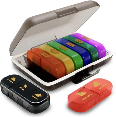 XL OWeise Tablettenbox Set: Große wöchentlicher Pillenbox für 7 Tage mit 2 Fächer + Kleine Pillendose mit 3 Fächer für die Reise. Deutsch