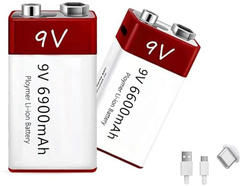 WILLQ 9-V-Lithiumbatterien, wiederaufladbar, 6900 mAh, 9-Volt-Lithium-Ionen-Akku mit USB-Ladekabel für E-Gitarre/Mikrofon/Rauchmelder/Detektor und mehr