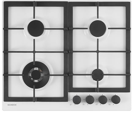 SCHOCK - Piano Cottura 4 Fuochi Gas Professional PC60 con Manopole Nere | Griglie in Ghisa; Valvole di Sicurezza; Bianco Opaco; 585x500 mm