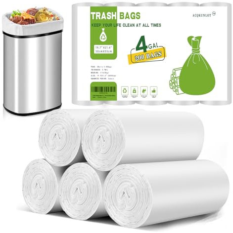 4 Gallon Biodegradable-Trash-Bag Small-Garbage-Bags For Bathroom - White Compostable 200 Count Unscented Kitchen Can Liners Office Waste Basket 15L Tiny Recyclable Acqkunlo