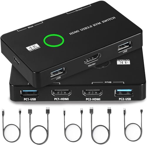 HDMI KVM Switch 4K@60Hz USB 3.0 Switch 2 Computers Sharing 1 Monitors and 2 USB Devices Support Windows and Linux with 2 USB-A Cables/1 USB C Power Cable and 2 HDMI Cables