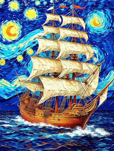 Diamond Painting Voilier Van Gogh Peinture Diamant Adulte, Kit de Peinture Diamant 5d, Strass Point de Croix Cristal Broderie Diamant Kit Complet, pour Murale Décoration Noël Cadeaux 100x150cm R-1224