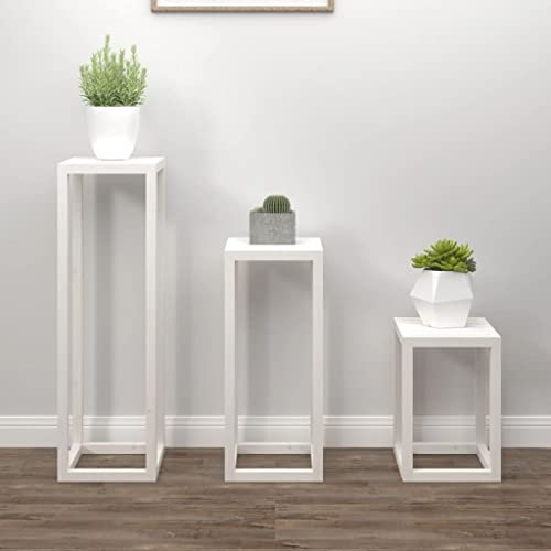 Blumenhocker 3er-Set, Beistelltische, Blumenregal für den Innen- und Außenbereich, Pflanzenständer, Blumenständer, Gartendeko Standregal, Weiß Massivholz Kiefer