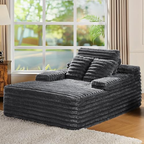 VanAcc 65 Chaise Lounge Sofa, Luxury Corduroy Sleeper Chaise with Armrests and Throw Pillows, No-Assembly Couch for Living Room or Apartment, Gray