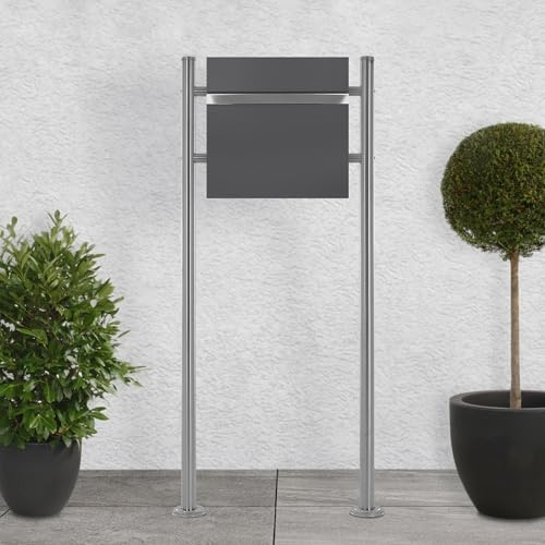ECD Germany Boîte aux Lettres sur Pieds avec Compartiment à Journaux, Boîte aux Lettres Design avec Poteau, Support Argent 120 cm en Acier INOX, Boîte Anthracite 37x36,5cm en Acier Revêtu par Poudre